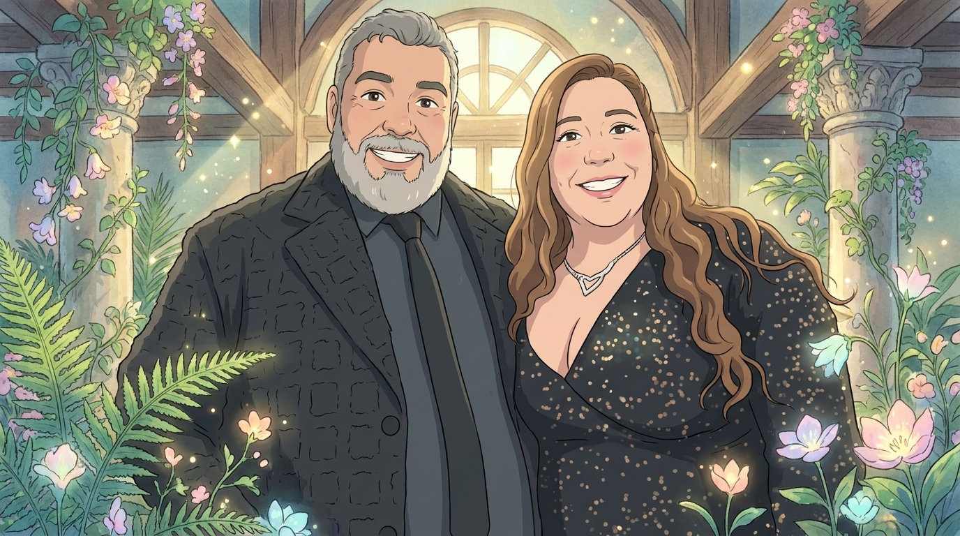 Dos invitados en un entorno de fantasía ilustrada.